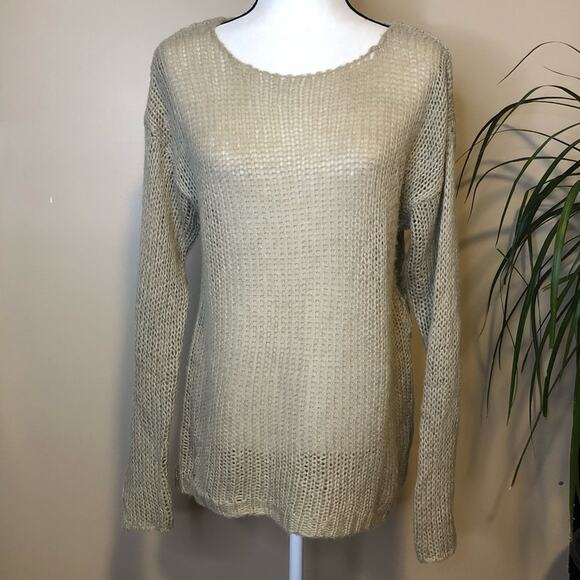 Others Follow Loose Knit Long Sleeve Crochet Pullover Sweater Tan Beige Size L - Picture 1 of 8